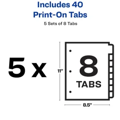 Dividers|Avery Print-On Paper Dividers, 8 Tabs, White, 5 Sets/Pack (11552)