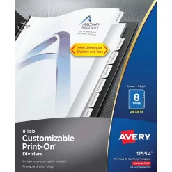 Dividers|Avery Print-On Paper Dividers, 8 Tabs, White, 25 Sets/Pack (11554)