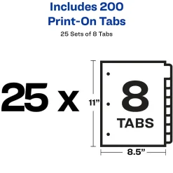 Dividers|Avery Print-On Paper Dividers, 8 Tabs, White, 25 Sets/Pack (11554)