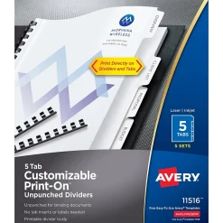 Dividers|Avery Print-On Unpunched Paper Dividers, 5 Tabs, White, 5 Sets/Pack (11516)