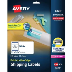 Labels|Avery Print-to-the-Edge Color Laser Shipping Labels, 2" x 3-3/4", White, 200 Labels/Pack (6873)