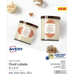 Labels|Avery Print-to-the-Edge Laser/Inkjet Oval Labels, 2" x 3-1/3", White, 200 Labels/Pack (22570)