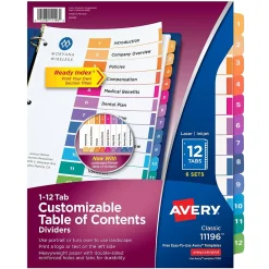 Dividers|Avery Ready Index Numeric Paper Dividers, 12-Tab, Multicolor, 6/Pack (11196)