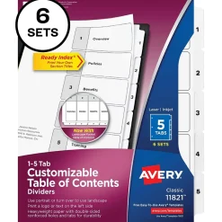Dividers|Avery Ready Index Table of Contents Paper Dividers, 1-5 Tabs, White, 6 Sets/Pack (11821)