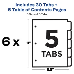 Dividers|Avery Ready Index Table of Contents Paper Dividers, 1-5 Tabs, White, 6 Sets/Pack (11821)