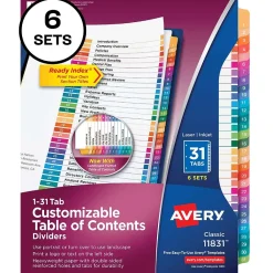Dividers|Avery Ready Index Table of Contents Paper Dividers, 1-31 Tabs, Multicolor, 6 Sets/Pack (11831)