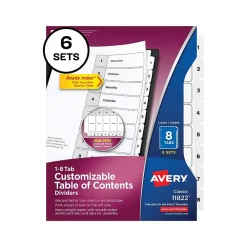 Dividers|Avery Ready Index Table of Contents Paper Dividers, 1-8 Tabs, White, 6 Sets/Pack (11822)