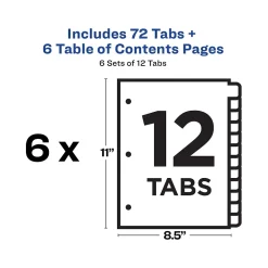 Dividers|Avery Ready Index Table of Contents Paper Dividers, 1-12 Tabs, White, 6 Sets/Pack (11824)