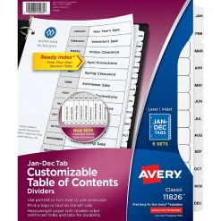 Dividers|Avery Ready Index Table of Contents Pre-Printed Monthly Paper Divider, Jan-Dec, Multicolor, 6 Sets (11830)
