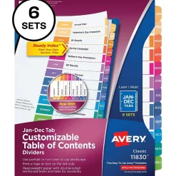 Dividers|Avery Ready Index Table of Contents Pre-Printed Monthly Paper Divider, Jan-Dec, Multicolor, 6 Sets (11830)