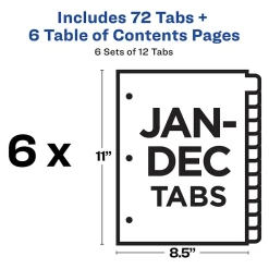 Dividers|Avery Ready Index Table of Contents Pre-Printed Monthly Paper Divider, Jan-Dec, Multicolor, 6 Sets (11830)