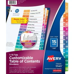 Dividers|Avery Ready Index Table of Contents Pre-Printed Paper Dividers, 15 Tabs, Multicolor, 1 Set (11143)