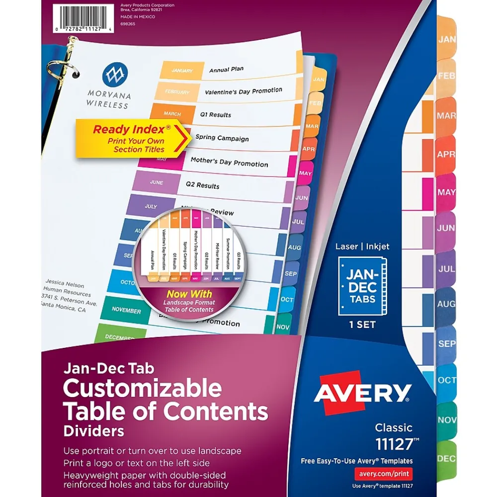 Dividers|Avery Ready Index Table of Contents Pre-Printed Monthly Paper Divider, Jan - Dec Tabs, Multicolor, 1 Set (11127)