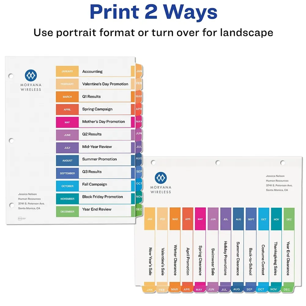 Dividers|Avery Ready Index Table of Contents Pre-Printed Monthly Paper Divider, Jan - Dec Tabs, Multicolor, 1 Set (11127)