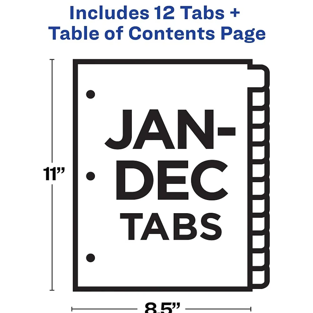 Dividers|Avery Ready Index Table of Contents Pre-Printed Monthly Paper Divider, Jan - Dec Tabs, Multicolor, 1 Set (11127)