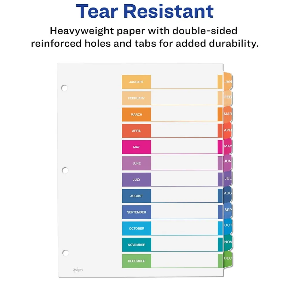 Dividers|Avery Ready Index Table of Contents Pre-Printed Monthly Paper Divider, Jan - Dec Tabs, Multicolor, 1 Set (11127)