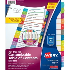 Dividers|Avery Ready Index Table of Contents Paper Dividers, 1-12 Tabs, Contemporary Multicolor (11847)