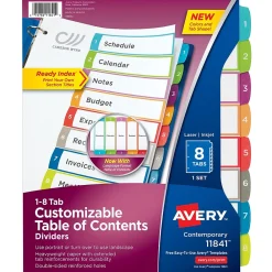 Dividers|Avery Ready Index Table of Contents Paper Dividers, 1-8 Tabs, Contemporary Multicolor (11841)