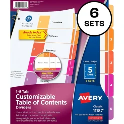 Dividers|Avery Ready Index Table of Contents Paper Dividers, 1-5 Tabs, Multicolor, 6 Sets/Pack (11187)