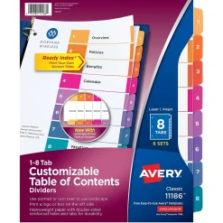 Dividers|Avery Ready Index Table of Contents Pre-Printed Numeric Paper Divider, 8 Tabs, Multicolor, 6 Sets (11186)