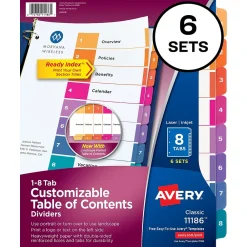 Dividers|Avery Ready Index Table of Contents Pre-Printed Numeric Paper Divider, 8 Tabs, Multicolor, 6 Sets (11186)