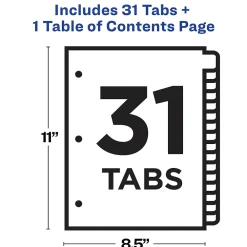 Dividers|Avery Ready Index Table of Contents Pre-Printed Numeric Paper Divider, 31 Tabs, White, 1 Set (11128/RI21331C)