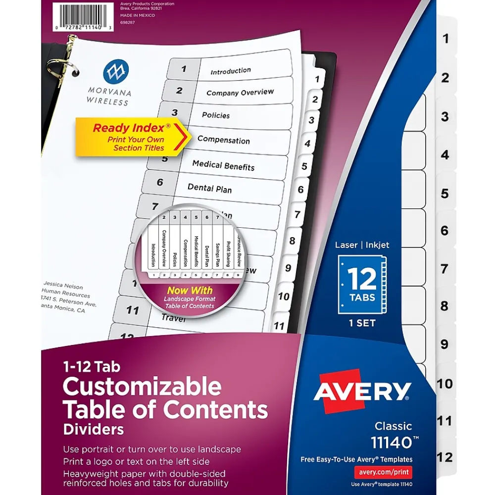 Dividers|Avery Ready Index Table of Contents Paper Dividers, 1-12 Tabs, White (11140)