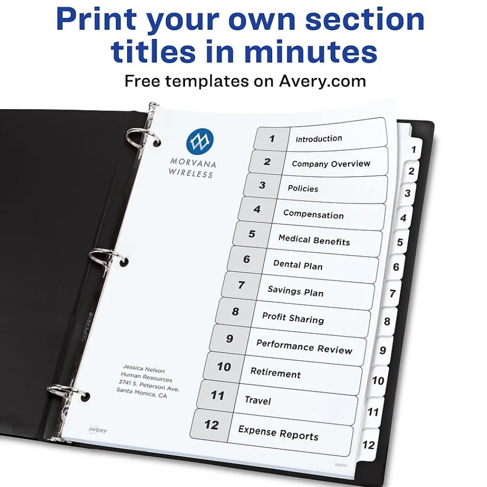 Dividers|Avery Ready Index Table of Contents Paper Dividers, 1-12 Tabs, White (11140)