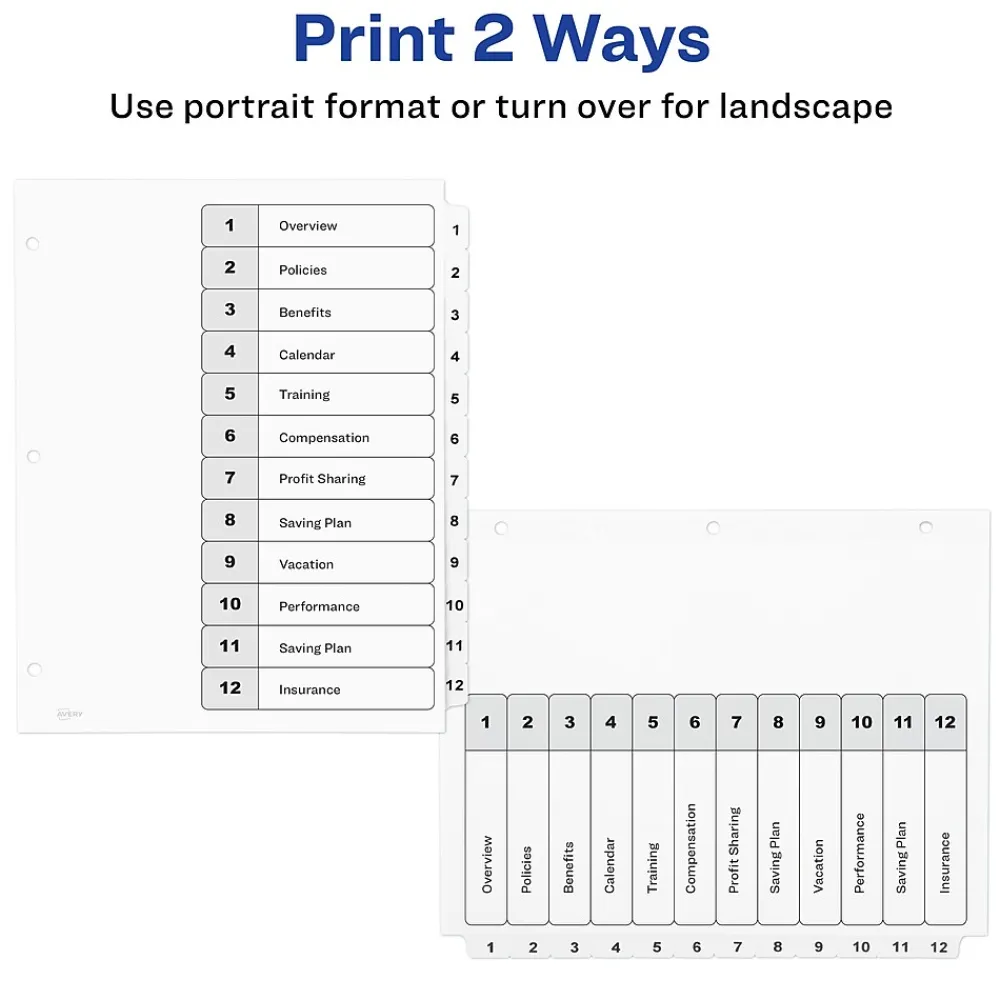 Dividers|Avery Ready Index Table of Contents Paper Dividers, 1-12 Tabs, White (11140)