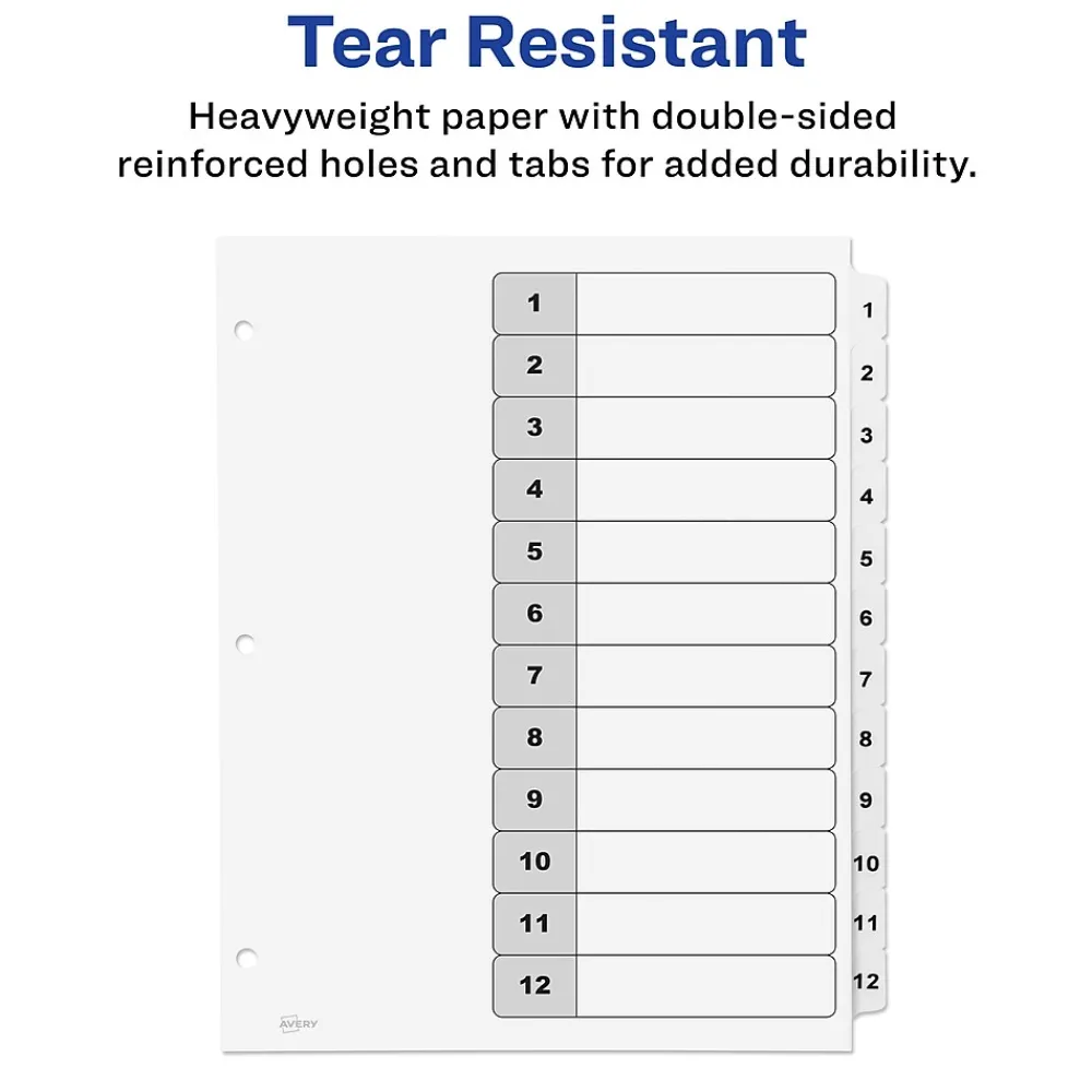 Dividers|Avery Ready Index Table of Contents Paper Dividers, 1-12 Tabs, White (11140)