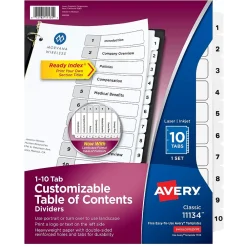 Dividers|Avery Ready Index Table of Contents Paper Dividers, 1-10 Tabs, White (11134)
