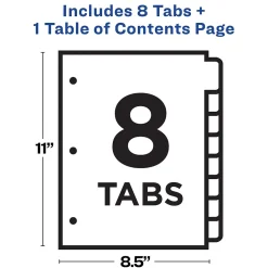 Dividers|Avery Ready Index Table of Contents Plastic Dividers, 1-8 Tabs, Multicolor (11817)
