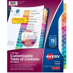 Dividers|Avery Ready Index Table of Contents Paper Dividers, 1-15 Tabs, Multicolor, 6 Sets/Pack (11197)