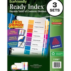 Dividers|Avery Ready Index Table of Contents EcoFriendly Paper Dividers, 1-8 Tabs, Multicolor, 3 Sets/Pack (11081)