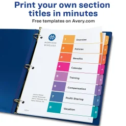 Dividers|Avery Ready Index Table of Contents EcoFriendly Paper Dividers, 1-8 Tabs, Multicolor, 3 Sets/Pack (11081)