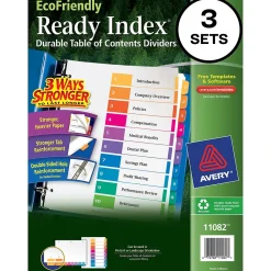 Dividers|Avery Ready Index Table of Contents EcoFriendly Paper Dividers, 1-10 Tabs, Multicolor, 3 Sets/Pack (11082)