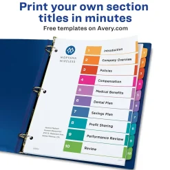 Dividers|Avery Ready Index Table of Contents EcoFriendly Paper Dividers, 1-10 Tabs, Multicolor, 3 Sets/Pack (11082)
