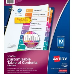 Dividers|Avery Ready Index Table of Contents Paper Dividers, 1-10 Tabs, Multicolor, 24 Sets/Box (11169)