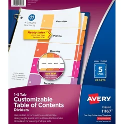 Dividers|Avery Ready Index Table of Contents Paper Dividers, 1-5 Tabs, Multicolor, 24 Sets/Box (11167)