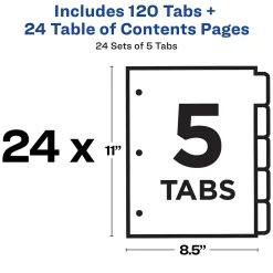 Dividers|Avery Ready Index Table of Contents Paper Dividers, 1-5 Tabs, Multicolor, 24 Sets/Box (11167)
