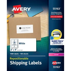 Sale Avery Repositionable Laser Shipping Labels, 2" x 4", White, 1,000 Labels/Box (55163)