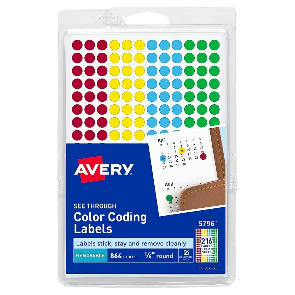 Labels|Avery See-Through Color Coding Labels, 1/4" Diameter, Translucent Assorted Colors, 864 Labels/Pack (5796)
