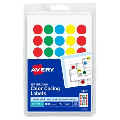 Labels|Avery See-Through Hand Written Color Coding Labels, 3/4" Dia., Translucent Assorted Colors, 35/Sheet, 29 Sheets/Pack (5473)