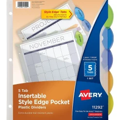 Dividers|Avery Style Edge Insertable Plastic Dividers with Pocket, 5 Tabs, Multicolor (11292)