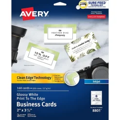 Business Cards*Avery Sure Feed Business Cards, 2" x 3.5", Glossy White, 8 Cards/Sheet, 20 Sheets/Pack, 160 Cards/Pack (8801)