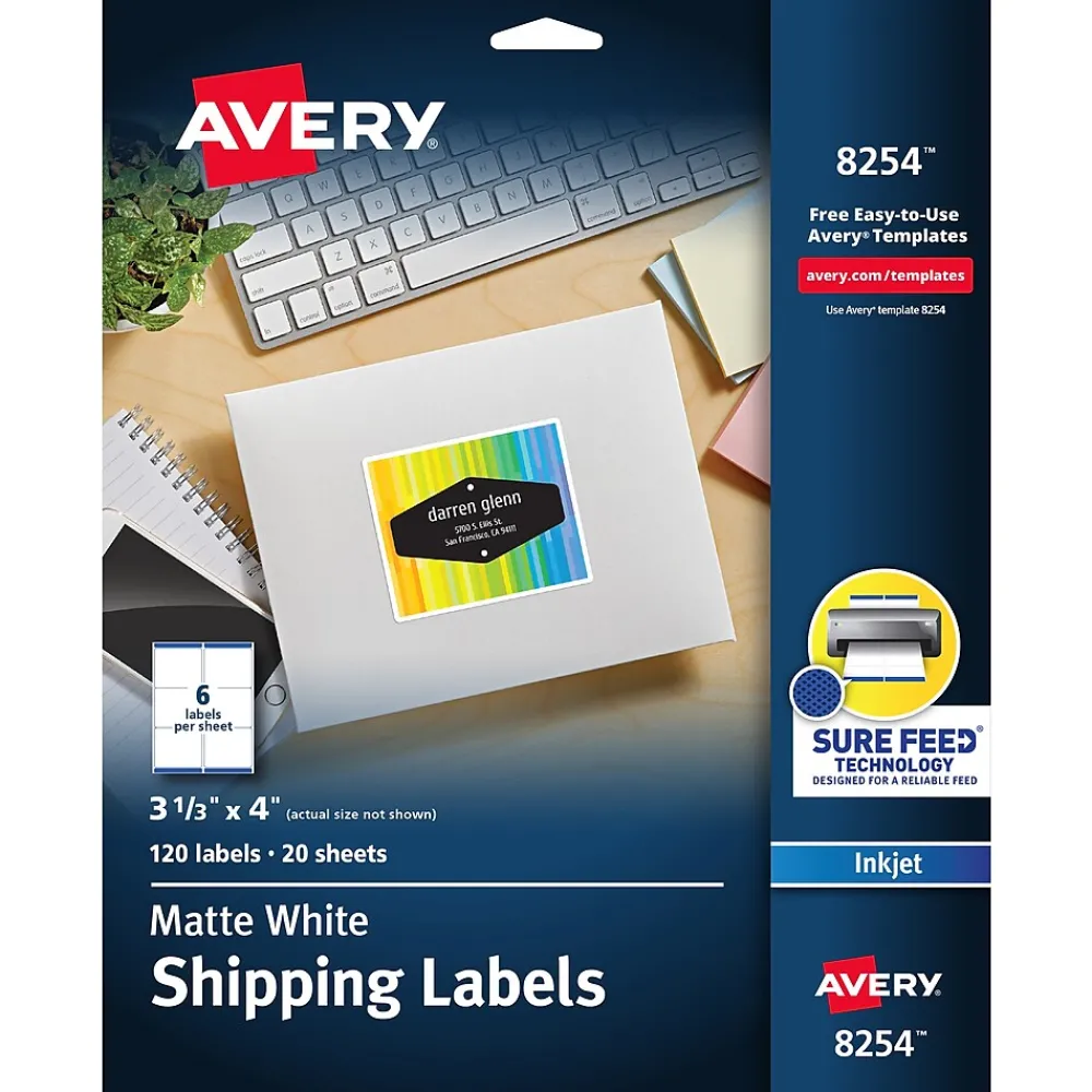 Clearance Avery Sure Feed Inkjet Shipping Labels, 3-1/3" x 4", White, 120 Labels/Pack (8254)