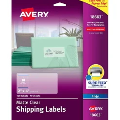 Clearance Avery Sure Feed Inkjet Shipping Labels, 2" x 4", Clear, 10 Labels/Sheet, 100 Labels/Pack (18663)
