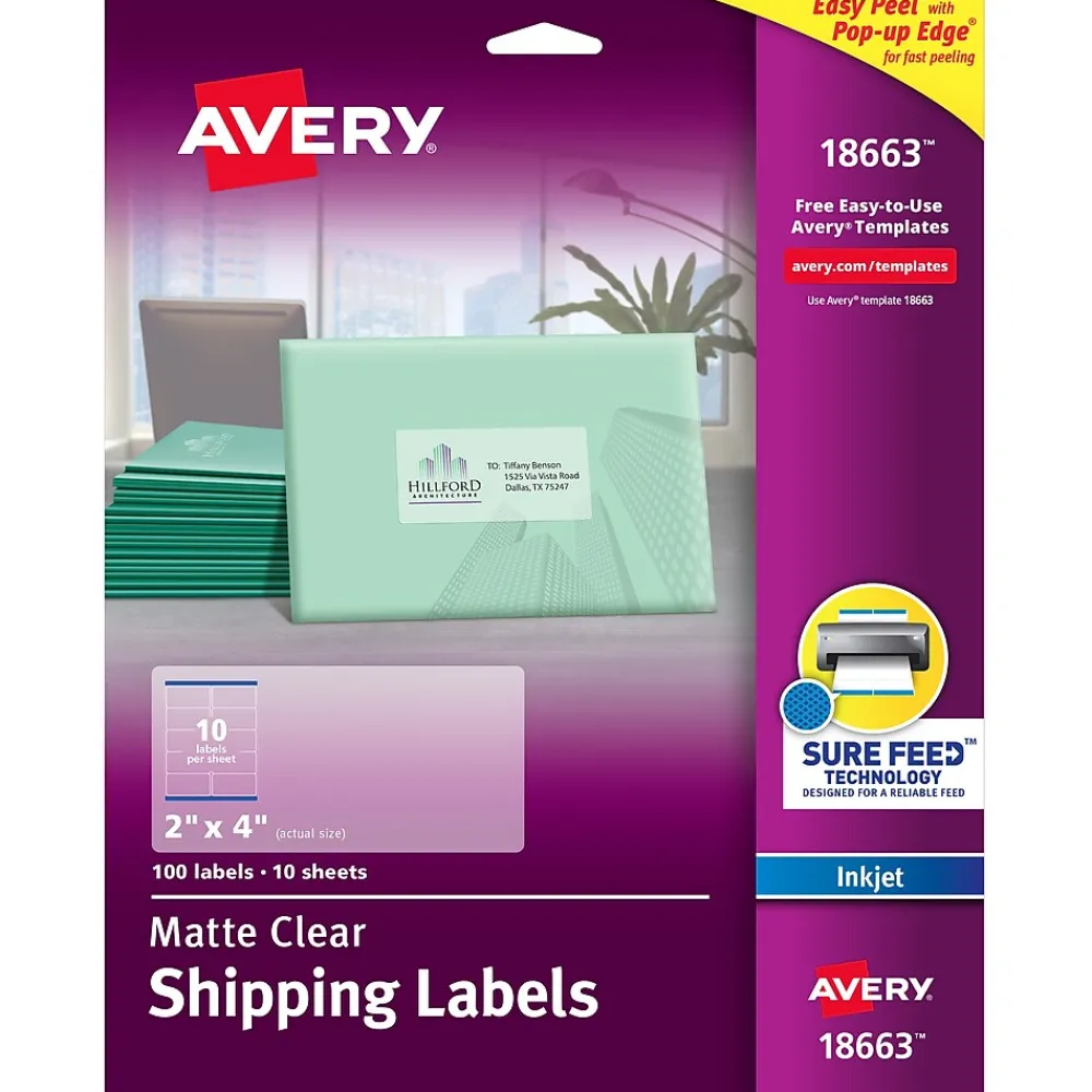 Clearance Avery Sure Feed Inkjet Shipping Labels, 2" x 4", Clear, 10 Labels/Sheet, 100 Labels/Pack (18663)