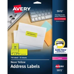 Outlet Avery Sure Feed Laser Address Labels, 1" x 2 5/8", Neon Yellow, 750 Labels/Pack (5972) Bright Yellow
