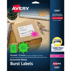 Labels|Avery Sure Feed Laser Burst Label, 2 1/4" Dia, Assorted Neon, 180 Labels/Pack (5995)
